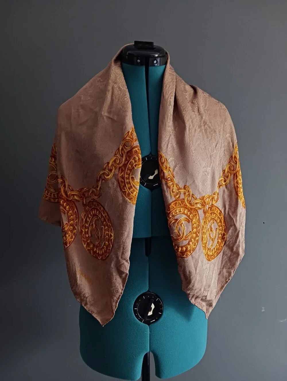 CHANEL Vintage  Beige Scarf with Gold Chain Medallion Motif  34